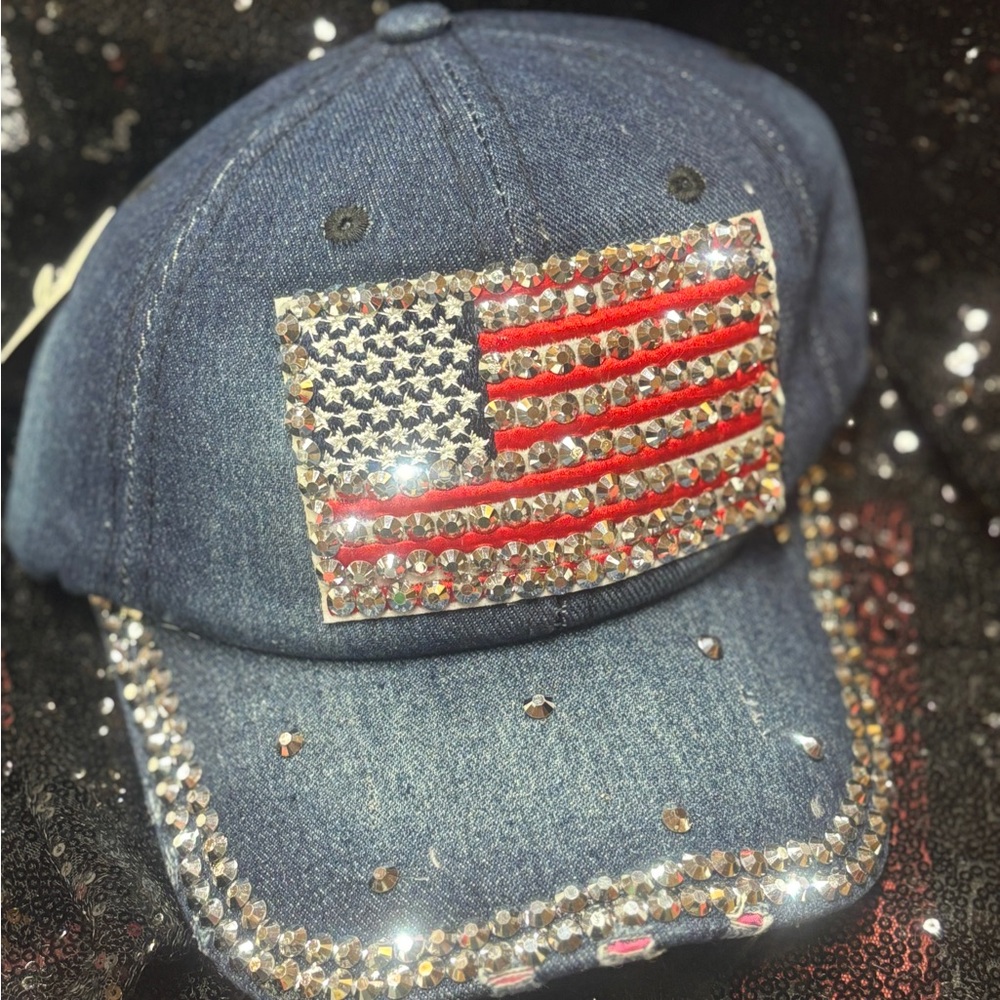 Denim Cap with Rhinestone American Flag
